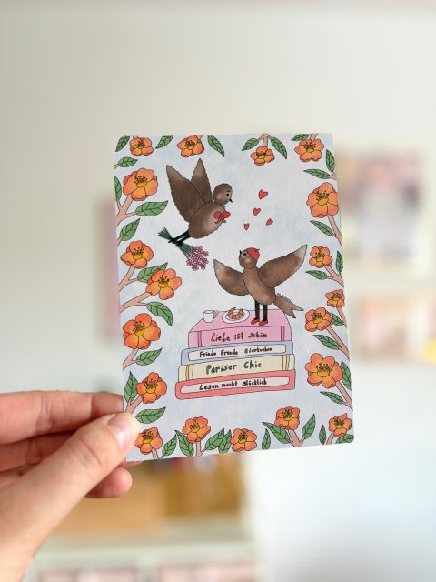 Wenn französische Musik mich dazu inspiriert eine Postkarte zu zeichnen mit einem Pariser Vogel-Liebespärchen, Croissants und Kaffee. Und natürlich Büchern. 🥰
#postkarte #illustration #kunst #malen #papeterie